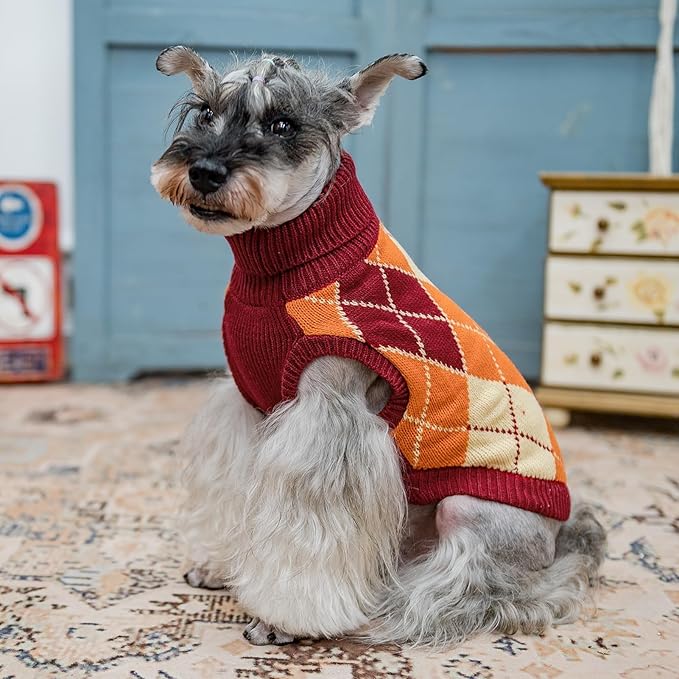 KOOLTAIL Small Dog Sweater, Knit Turtleneck Fall Thanksgiving Dog Sweaters for Medium Large Dogs, Plaid Pullover Cold Weather Knitwear Pet Winter Warm Clothes, Puppy Coat for Girls Boys, Orange S