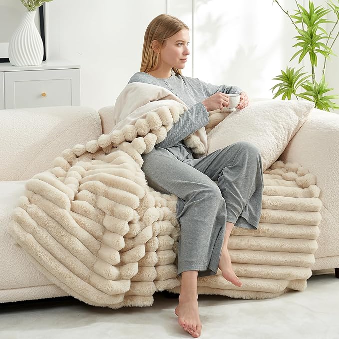 Cozy Bliss Faux Fur Throw Blanket for Couch, Cozy Warm Plush Striped Blanket for Sofa Bedroom Living Room, 50 * 60 Inches Beige