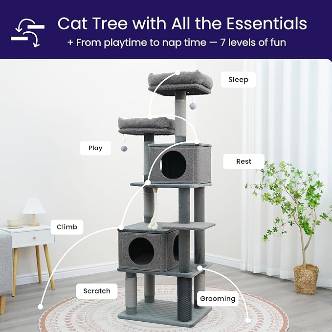 Catry Stella 7-Level 67.5” Linen & Quilted Velvet Cat Tree with Recycled Paper Scratchers, Two Condos, Removable Beds, Toys, Easy to Clean, Ideal for Large Cats and Multi-Cat Homes (Zinc Gray)