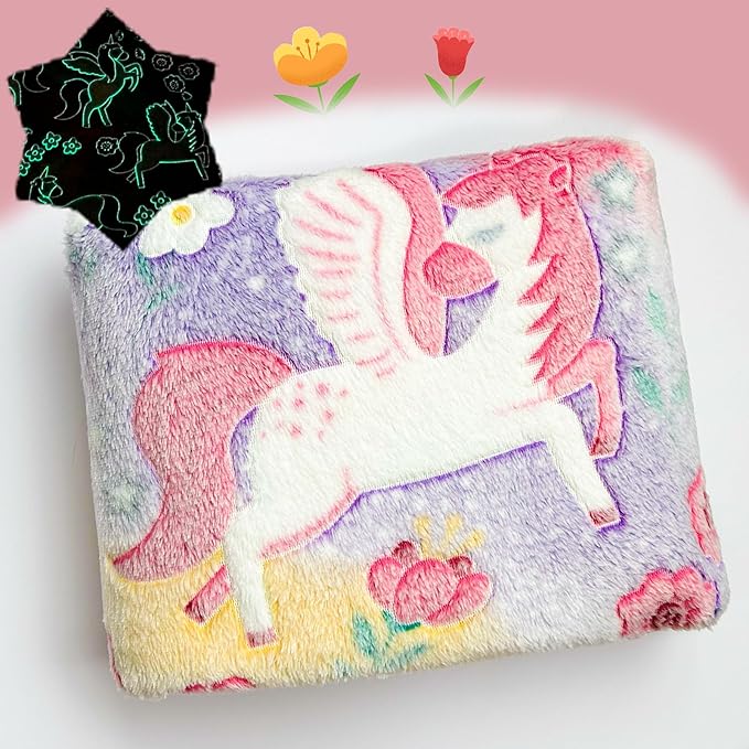 Best Unicorns Gifts Halloween Glow in The Dark Blanket for Boys & Girls, Cozy Soft Fluffy Unicorn Flower Girls Throw Blanket, Kids Blanket with Storage Bag, 60x50, Red