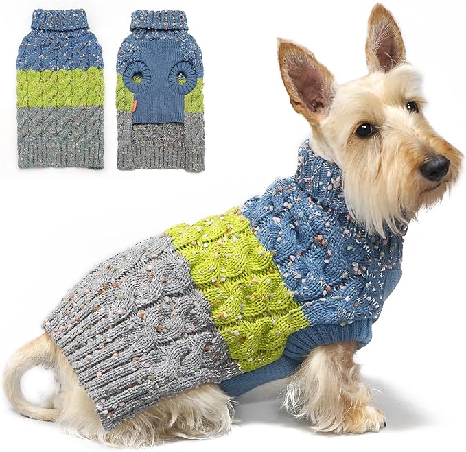 KYEESE Dog Sweater Color Block with Fuzzy Thread Knitted Turtleneck Dog Knitwear with dots in a Variety of Colors for Small Dogs Fall Winter Puppy Sweater, Green, XS