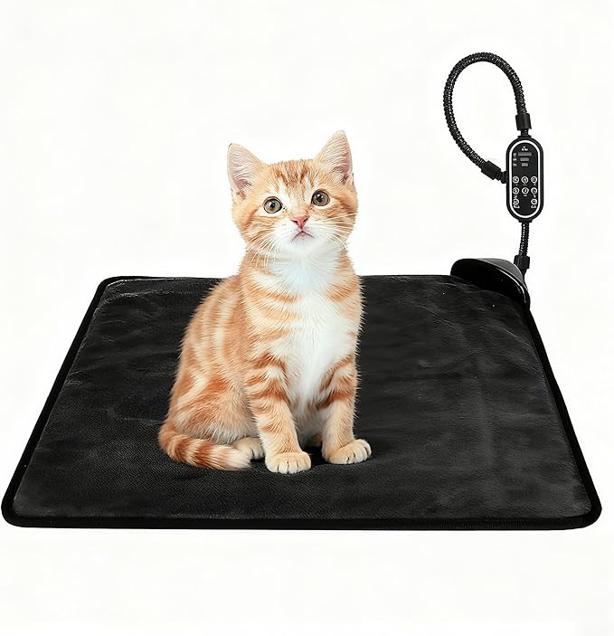 Pet Heating Pad for Cats & Dogs,Safe Electric Cat Warming Pad with Chew Resistant Cord,Automatic Induction Heated Cat Bed,Adjustable Temperature & Time (17.7" x 17.7")