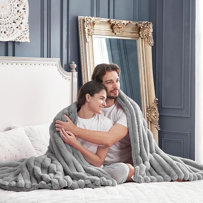 Cozy Bliss Faux Fur Throw Blanket for Couch, Cozy Warm Plush Striped Blanket for Sofa Bedroom Living Room, 108 * 90 Inches Gray