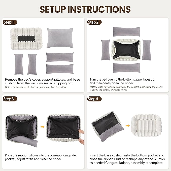 Orthopedic Dog Bed for Small Medium Dogs - Washable Rectangle Corduroy Fleece Pet Bed with Removable Cover and Nonskid Bottom, Calming Puppy Bed Soft Pet Sofa, Cream(35x25x9inchs)