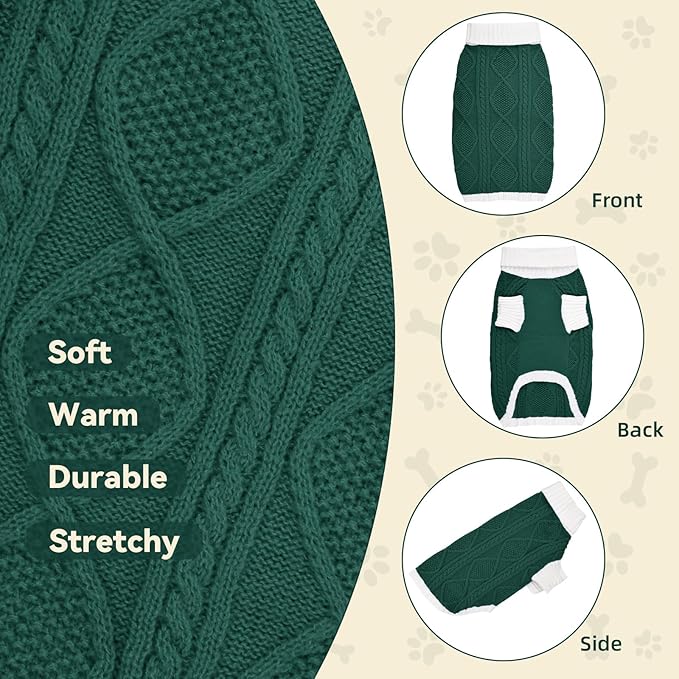 Dog Sweater for Medium Dogs Argyle Cable Knit Turtleneck Pullover Winter Clothes Boys Girls French Bulldog Dachshund Corgi Beagle Pug Pet (M, Green)