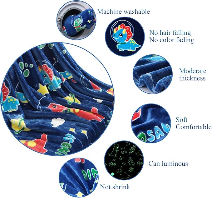 Glow in The Dark Dinosaur Blanket Gifts for 1-10 Year Old Boys,Dino Soft Kids Blankets,Dino Party Blankets,Luminous Toys Birthday Christmas Halloween Thanksgiving Easter Gifts,60 x 50in