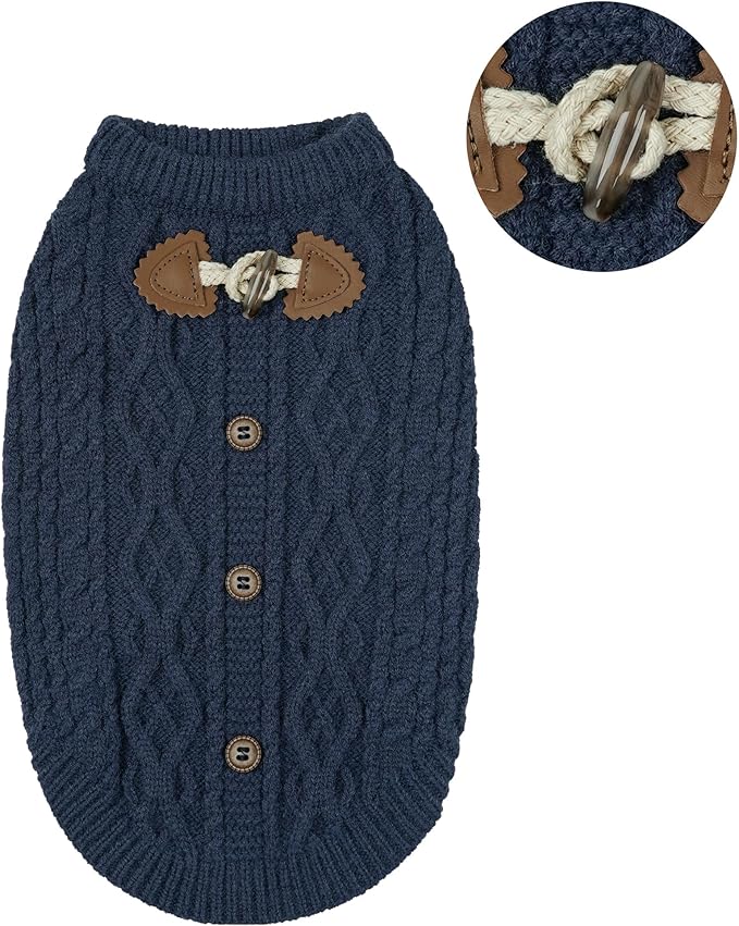 WOYYHO Dog Sweater for Small Dogs, Cable Knit Pullover with Cow Horn Button, Warm Round Neck Winter Knitted Clothes for Puppy Chihuahua Yorkie Dachshund, Navy Blue S