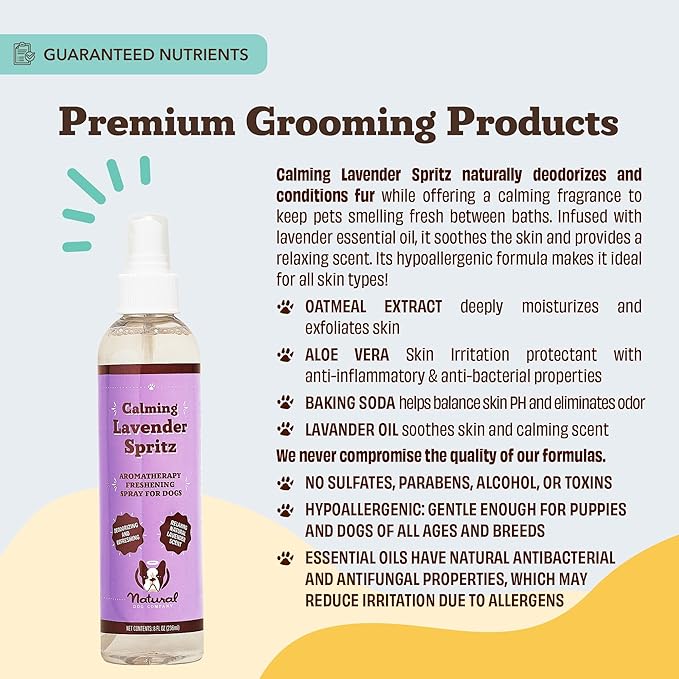 Natural Dog Company Calming Lavender Spritz 8 oz – Hypoallergenic Dog Deodorizing Spray with Aloe & Oatmeal – Refreshes Coat, Soothes Sensitive Skin – Natural Lavender Scent, No Artificial Fragrance