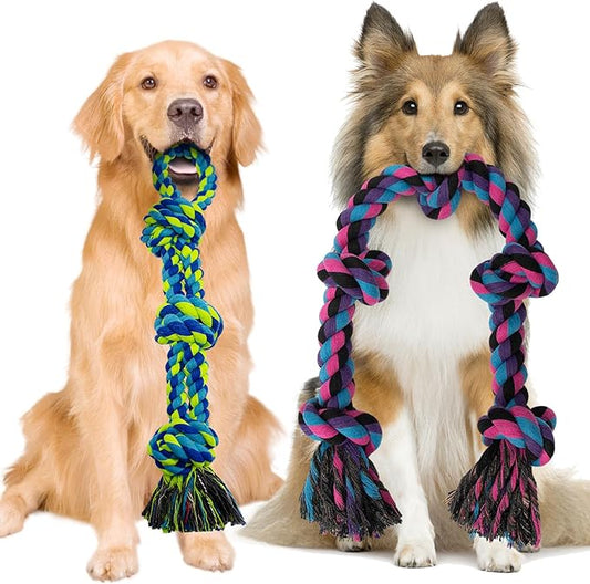 Heavy Duty Dog Rope Toys for Aggressive Chewers - 2 Pack Indestructible Tug of War Toys for Medium to Large Breeds, 100% Cotton for Boredom and Teeth Cleaning