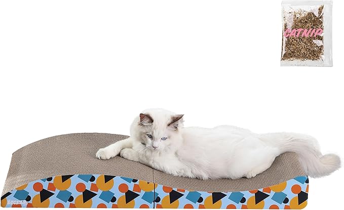 CSR1011A Eero 32" Modern Cardboard Foldable Lounge Cat Scratcher with Catnip, Blue/Orange