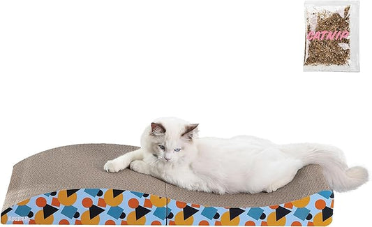 CSR1011A Eero 32" Modern Cardboard Foldable Lounge Cat Scratcher with Catnip, Blue/Orange