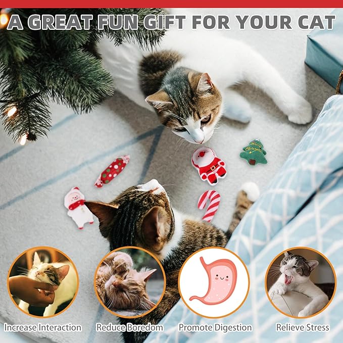 KOOLTAIL Christmas Cat Catnip Toys, 5 Pack Durable Soft Santa Claus Christmas Tree Candy Toy Filled with Natural Catnip, Interactive Bite Resistant Chew Teeth Cleaning Gift for Indoor Cats Kitten