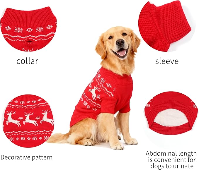 Christmas Medium/Large Dog Sweater, Warm Dog Winter Coat w/Sleeves & Leash Hole, Comfy Stretch Premium Dog Clothes for Golden Retriever-Best for Holidays, Daily Walks XXL Red
