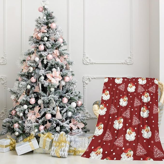 Christmas Santa Claus Throw Blankets, Xmas Soft Lightweight Anti Pilling Aldult Fleece Blanket for Women, 50x60 Inches Winter Tree Snowflake Red Decorative Blanket for Chair Couch Living Bedroomn