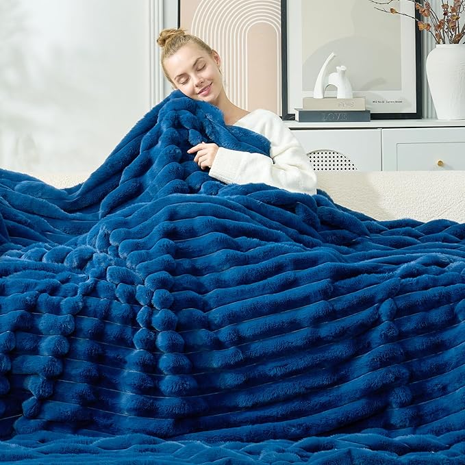 Cozy Bliss Faux Fur Throw Blanket for Couch, Cozy Warm Plush Striped Blanket for Sofa Bedroom Living Room, 90 * 90 Inches Navy Blue
