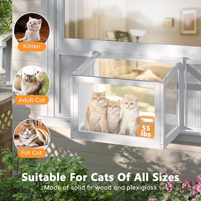 BlueWish Catio Outdoor Cat Enclosure, Cat Window Perch with Waterproof Transparent Top Fits Vertical Window Frames 26" to 42" Wide, Window Box for Sunbathing, Napping & Overlooking