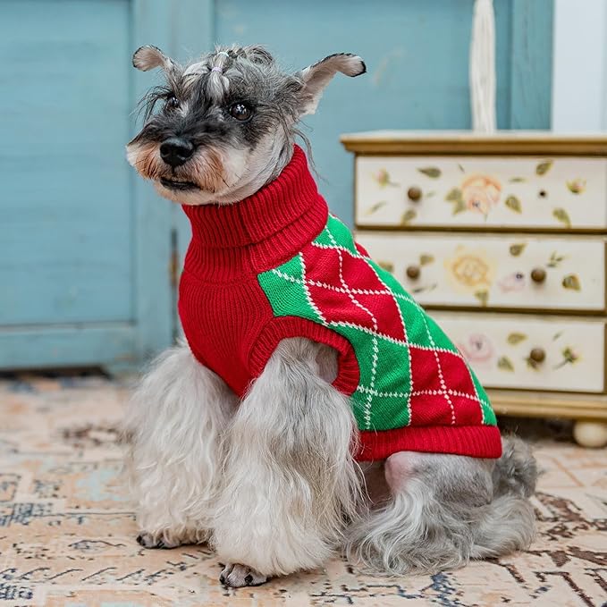 KOOLTAIL Christmas Sweater - Knit Turtleneck Cold Weather Sweater for Small Medium Large Dogs, Red and Green Plaid Pullover Knitwear Winter Warm Clothes for Puppies, Girls Boys S