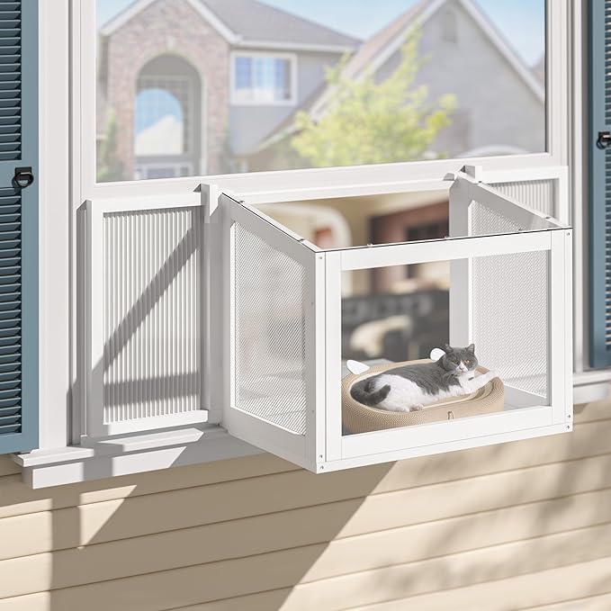 BlueWish Catio Outdoor Cat Enclosure, Cat Window Perch with Waterproof Transparent Top Fits Vertical Window Frames 26" to 42" Wide, Window Box for Sunbathing, Napping & Overlooking