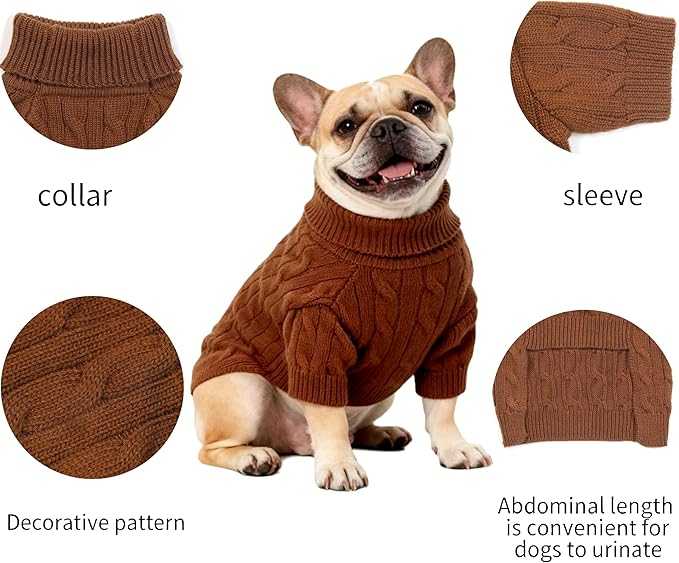 Medium/Large Dog Sweater, Warm Dog Winter Coat w/Sleeves, Comfortable High Neck Premium Dog Clothes for Bulldog-Best for Holidays, Daily Walks L Brown