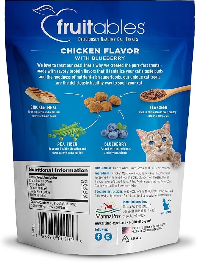Fruitables Cat Treats Crunchy Cat Treats Packed with Protein Healthy Low Calorie Free of Wheat, Corn and Soy Made with Real Chicken and Blueberry 30 Ounces