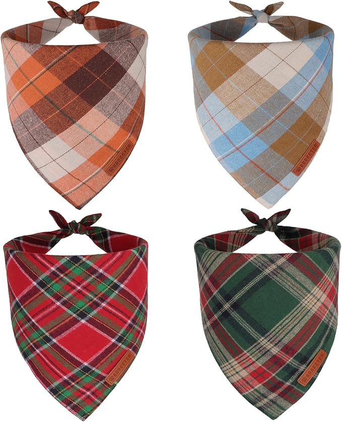 ADOGGYGO 4 Pack Plaid Dog Bandanas Fall Halloween Thanksgiving Christmas, Premium Cotton Fabric, Red Green Orange Blue Plaid Bandanas for Small Dogs (Small)