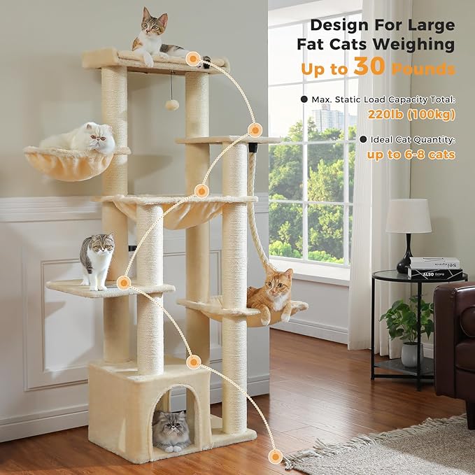 Large Cat Tree-67 Tall Cat Tower for Indoor Cats Large Adult with 7 Thick Sisal Scratching Posts (φ4.3), Multi-Level Condo, Big Perch & Hammocks for Maine Coon 20 lbs -Beige