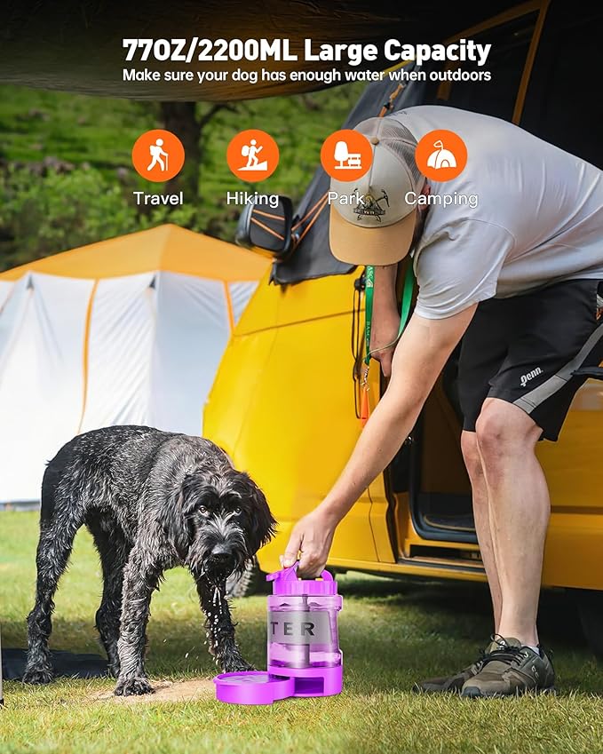 Portable Dog Water Bottle Bowl - 77 oz Travel Water Bowl Dispenser for Dogs Leak Proof, Suitable for Large Pet Drinking, A Must Have for Outdoor, Camping, Walking, Beach, Hunting Other Scenes （Purple）