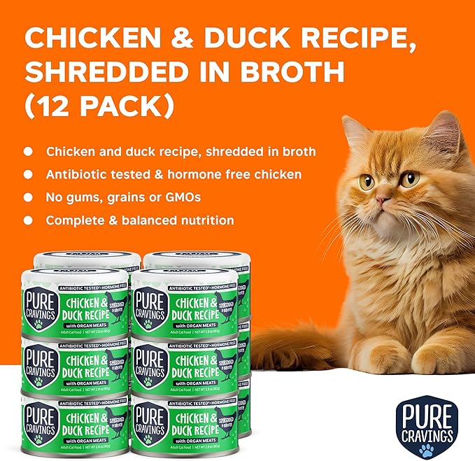 Pure Cravings Chicken and Duck Recipe in Broth, Shredded Wet Cat Food, Grain-Free Protein, Non-GMO, 12 Pack