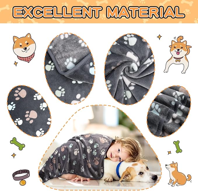 Rezutan Dog Blankets for Medium Dogs, Upgraded 3 Pack Dog Cat Blanket Washable, Soft Pet Mat Throw Cover Suitable for Kennel Crate Bed, Cute Paw Pattern, 30"x20", Grey