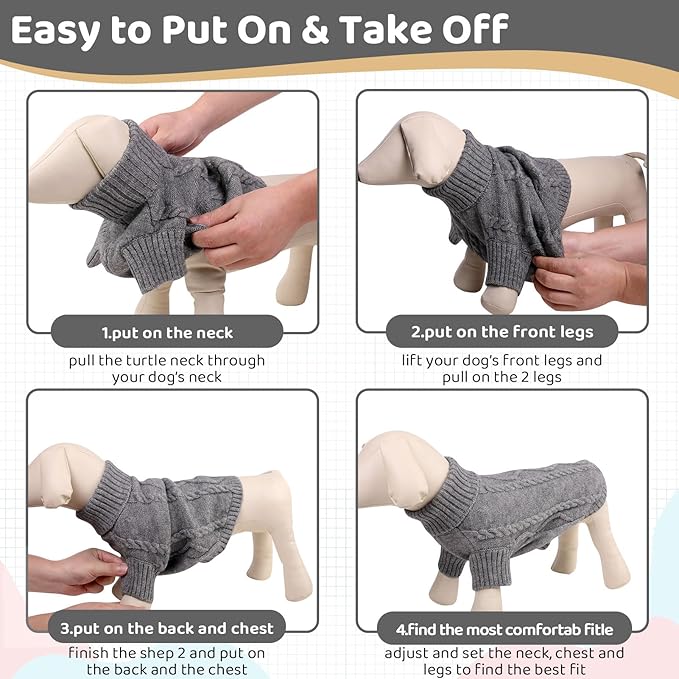 Queenmore Small Dog Pullover Sweater, Cold Weather Cable Knitwear, Classic Turtleneck Thick Warm Clothes for Chihuahua, Bulldog, Dachshund, Pug (Slate Grey, Small)