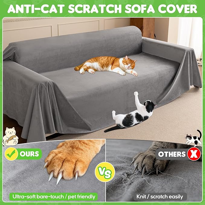 Loiion Cat Scratch Furniture Protector - Ultra Soft, Waterproof Sofa Cover to Keep Cats Off, Pet-Friendly Couch Protectors for Love Seat, Anti-Slip Couch Cover for Pets and Kids 150"X71" Grey