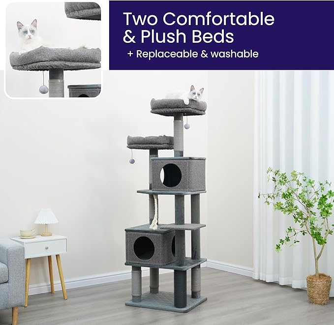 Catry Stella 7-Level 67.5” Linen & Quilted Velvet Cat Tree with Recycled Paper Scratchers, Two Condos, Removable Beds, Toys, Easy to Clean, Ideal for Large Cats and Multi-Cat Homes (Zinc Gray)