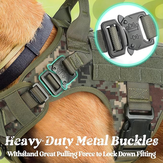 rabbitgoo Tactical Dog Harness for Large, Heavy Duty Pet Harness with Handle, No-Pull Service Vest Large Breed, Adjustable Military Dog Vest for Training Hunting Walking, Green Camo, XL