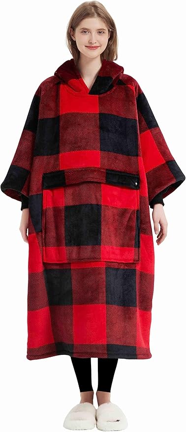 KFUBUO Wearable Blanket Hoodie for Adult Long Sherpa All Patterns Red Plaid Oversized Hoodie Sweatshirt Blanket Christmas Gift Ideas