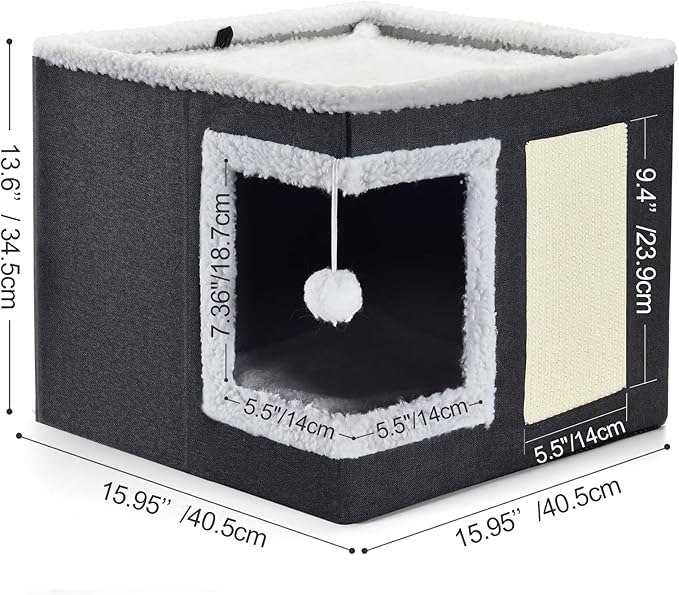 petizer Cat Bed for Indoor Cats, Large Covered Cat House with Scratch Pad, Foldable Cat Cave Bed & Hideaway Cube with Reversible Cushions, Cute Cat Condo for Multi Small Pet Kitten (Blue)