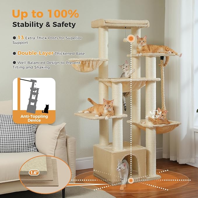Large Cat Tree-67in Tall Cat Tower for Indoor Cats Large Adult with 13 Thick Sisal Scratching Posts (φ4.3in), Multi- Level Cat Condo, Super Big Perch & Hammocks for Maine Coon 20 lbs -Beige