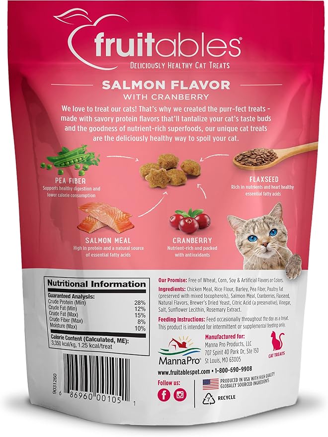 Fruitables Cat Treats Crunchy Cat Treats, Healthy Low Calorie Kitten Snacks, Made Without Wheat, Corn and Soy, Kitten Essentials, Made with Real Salmon and Cranberry, 30 Ounces
