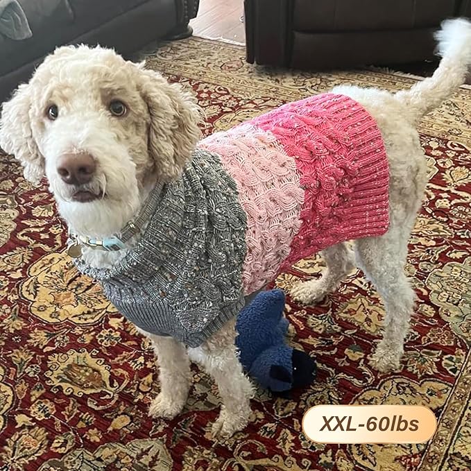 KYEESE Dog Sweater Color Block with Fuzzy Thread Knitted Turtleneck Dog Knitwear with dots in a Variety of Colors for Medium Dogs Fall Winter Dogs Clothes, Pink, XXL