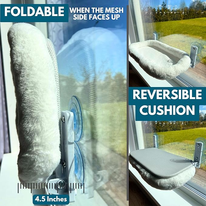 Cat Window Perch — Cat Window Bed with 4 Large Premium Suction Cups & Soft Solid Cushion; Strong Rustproof Metal Frame Window Hammock Holding Up to 40 lbs; Easy Assembly Perch for Indoor Cats