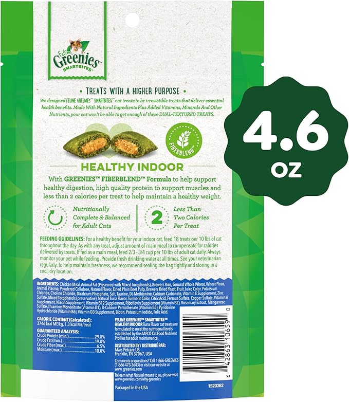 Greenies Feline Smartbites Healthy Indoor Natural Treats for Cats, Tuna Flavor, 4.6 oz. Pouch