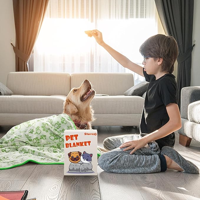 Stuffed Premium Green Soft Dog Blanket, with Flannel Green Cute Paw Print, Puppy Supplies Dog Stuff Essentials, 43 * 66 inches for Large Dogs