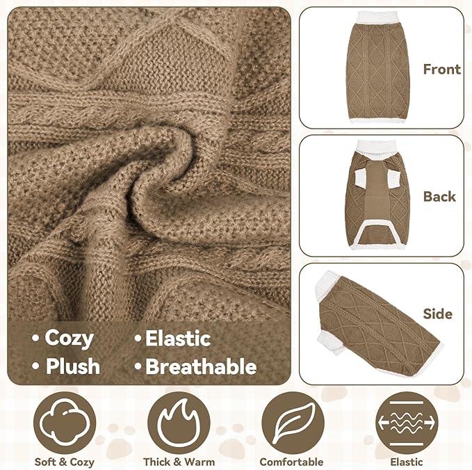 Dog Sweater for Large Dogs Argyle Cable Knit Turtleneck Pullover Winter Clothes Boys Girls Stretch Golden Retriever Labrador Bulldog Pitbull Doberman Pet (XXL, Brown)