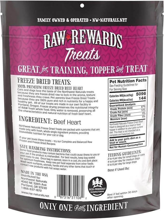 Northwest Naturals Raw Rewards Freeze-Dried Beef Heart Treats for Dogs and Cats - Bite-Sized Pieces - Healthy, 1 Ingredient, Human Grade Ingredients, All Natural, Proudly Made in USA, 3 Oz (Pack of 3)