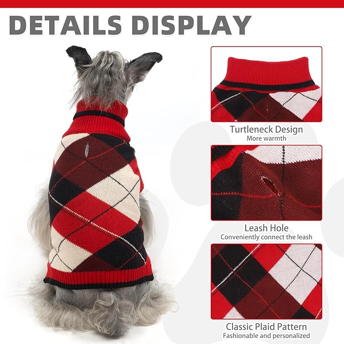KOOLTAIL Dog Sweater Pet Knitted Clothes-Classic Plaid Pullover Turtleneck Red Fleece Dog Christmas Sweaters with Leash Hole, Thick Warm Dog Winter Clothes for Small Medium Large Dogs Cats Puppy, M