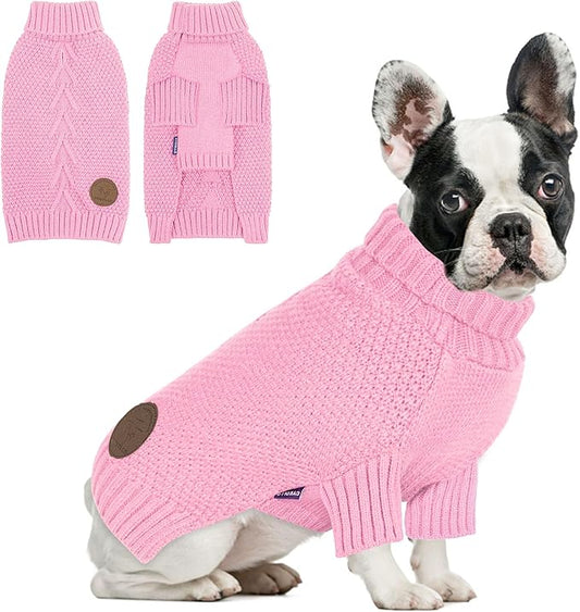 cyeollo Dog Sweater Warm Turtleneck Knitwear Pullover Sweaters with Leash Hole Soft Winter Dog Clothes Sweaters for Dogs,Pink, L