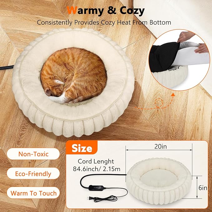INVENHO Heated Cat Beds for Indoor Cats and Small Dogs, 20" Cozy Donut Heated Pet Bed with Timer & Temp Adjustable, Removable Waterproof Electric Warming Bed for Indoor Cat