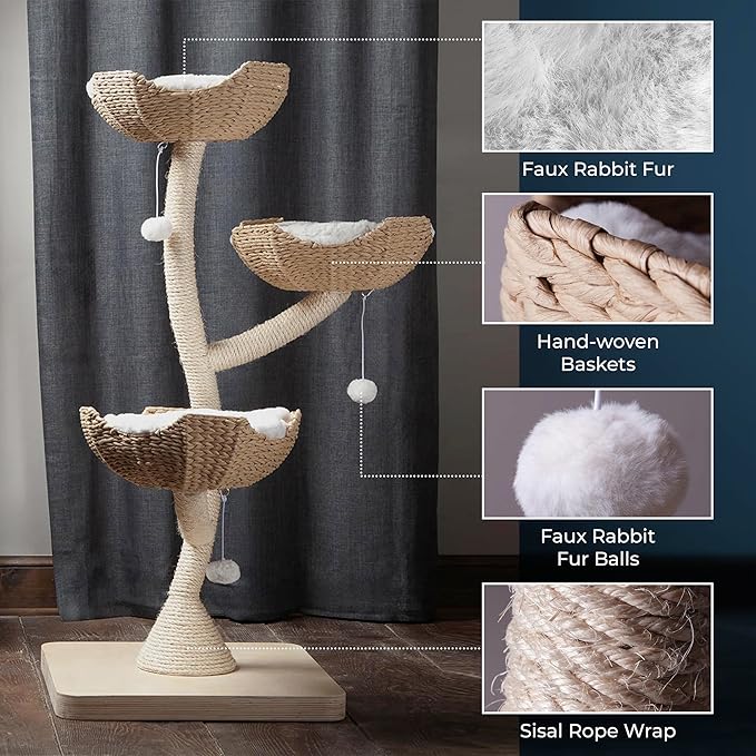 Habitat Haven The Sanctuary Cat Tree - Luxury Cat Condo, Large Modern Indoor Tower with 3 Faux Fur Beds, Scratching Posts, and Toys for Cats, 23-Inch Width x 23-Inch Depth x 52-Inch Height