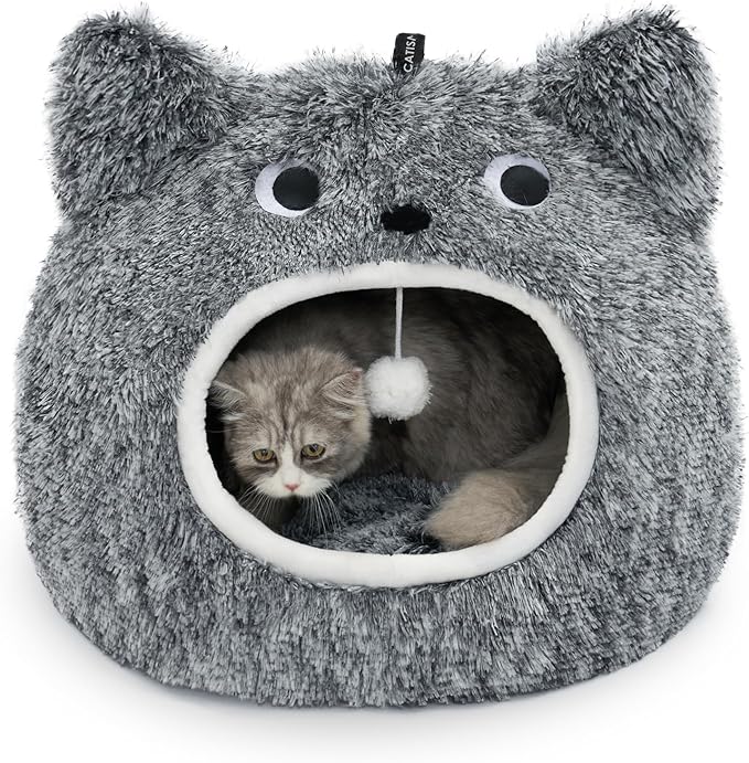 CATISM Cat Bed for Indoor Cats - Cat Bed Cave Washable, Soft Plush, Removable Pillow, Non-Slip Base, Large Cave with Toy Balls for Kitty and Small Animals