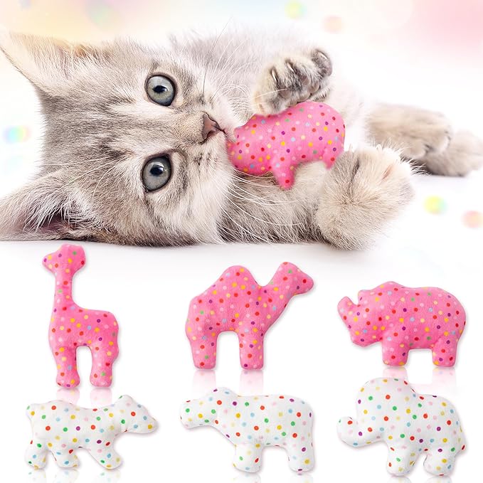 MALLMALL6 6Pcs Frosted Animal Cookie Catnip Crinkle Paper Sound Toys Gift for Cat, Catmint Teething Chew Kick Interactive Toy for Indoor Cats, Soft Candy Pet Presents Supplies for Kitten Lover