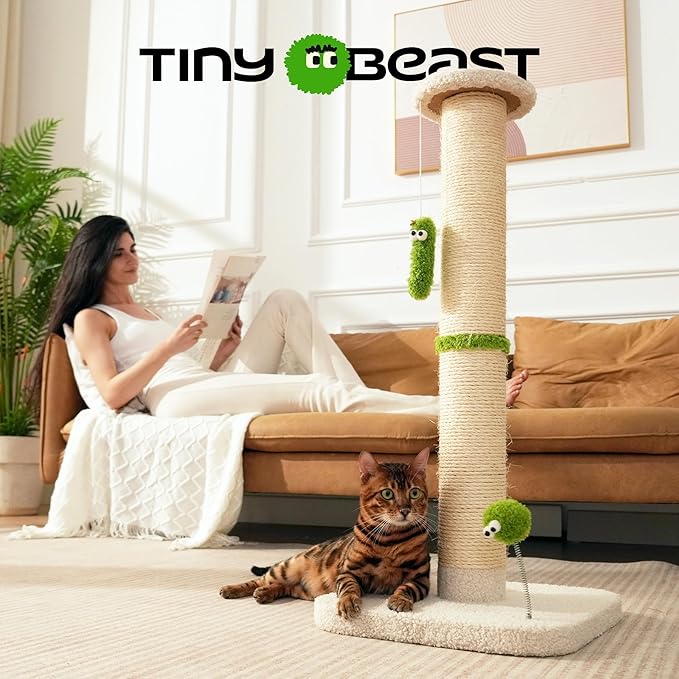 TINYBEAST 34.7" Tall Cat Scratching Post, 3 in 1 Sisal Cat Scratcher, Heavy Duty 4.3" Diameter Cat Tree with Hanging Bell Ball Toy and Reinforced Stable Base for Indoor Adult Cats & Kittens(Beige)